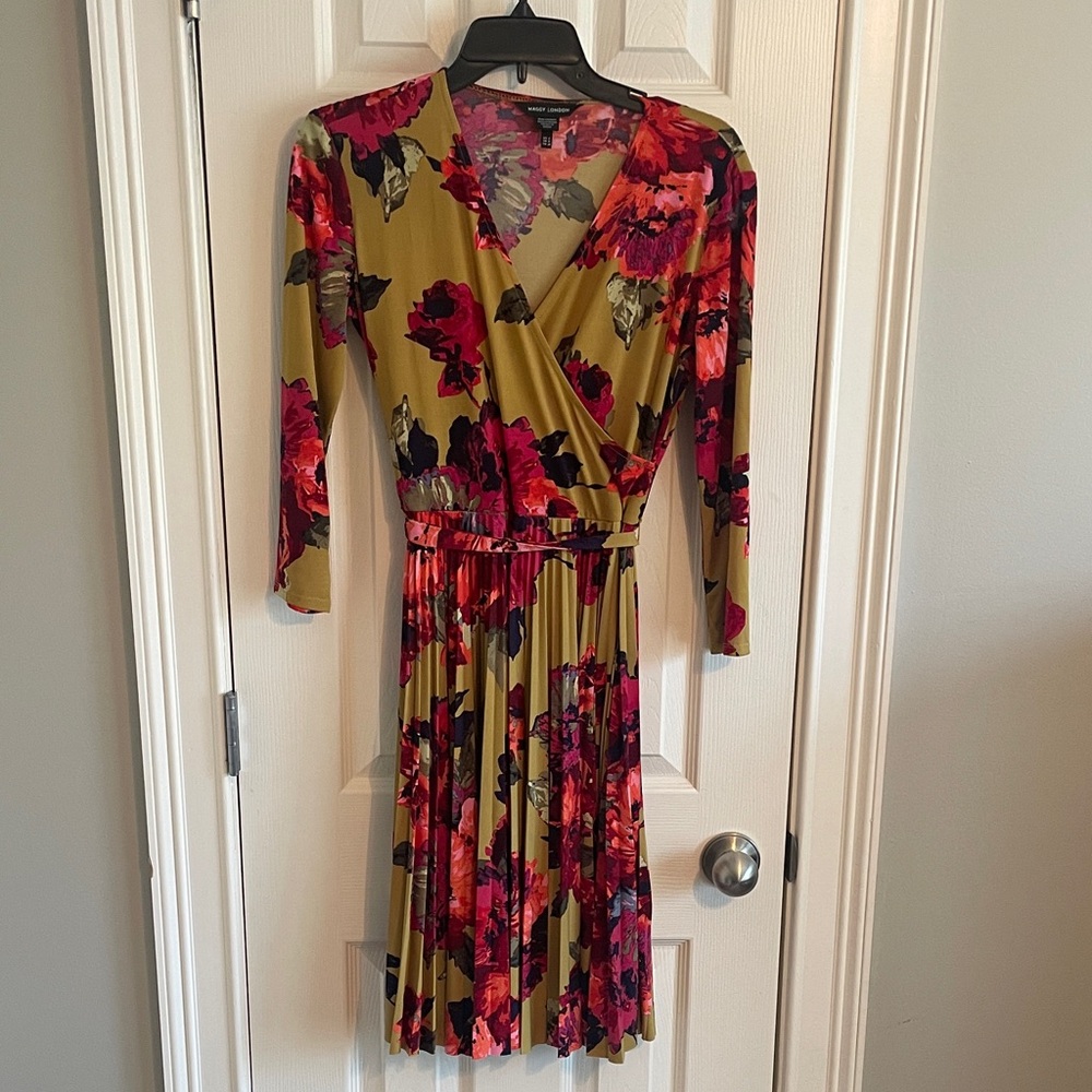 Maggy London Olive Wrap Dress with Pink and Red Floral Print
